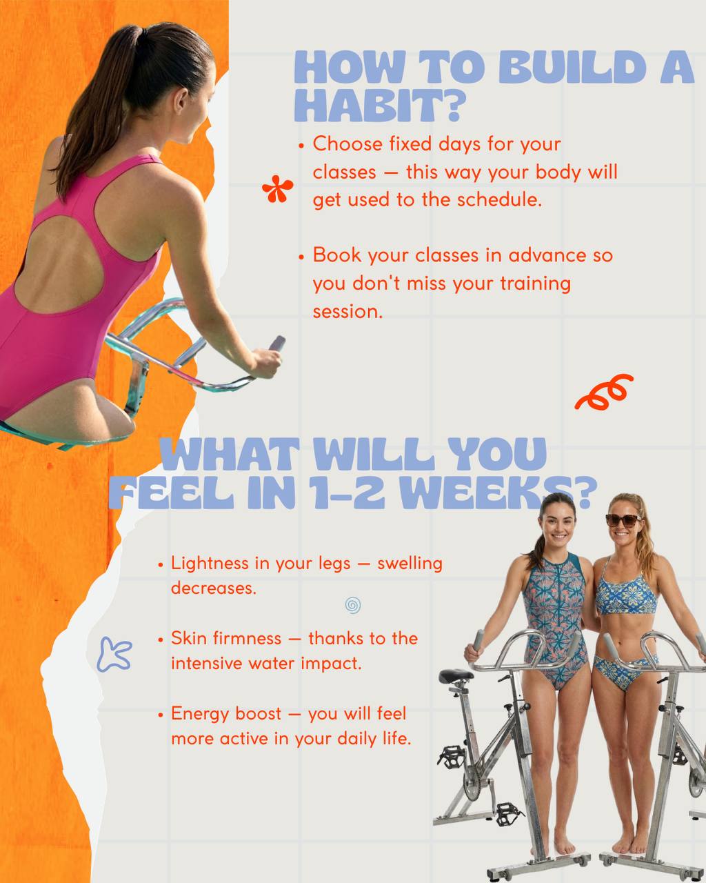 How to build a habit: fixed class days, book in advance. What you will feel in 1-2 weeks: lighter legs, firmer skin, energy boost